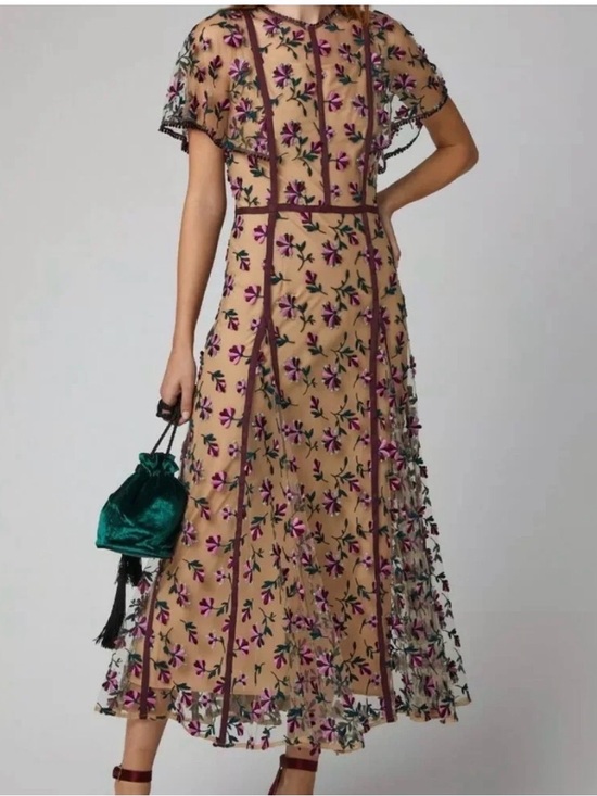 Lela Rose Dresses & Skirts - Lela Rose Nude Mesh Midi Dress with Purple Floral Embroidery